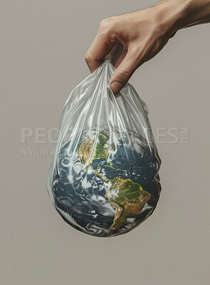 Globe, earth and garbage bag mockup for environment, climate change and pollution concept. Hand holding the planet in plastic for eco system background, awareness poster and protection wallpaper