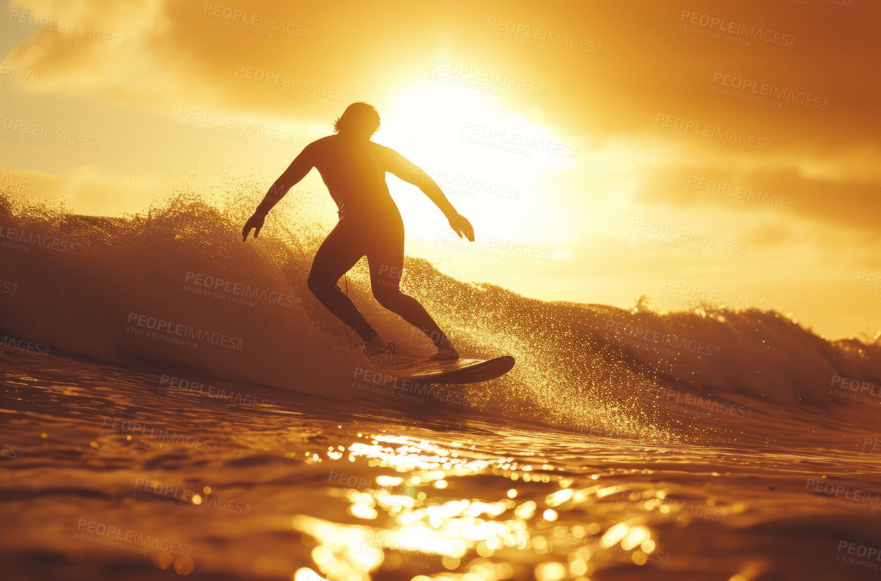Buy stock photo Summer sunset, ocean and surfer background for paradise, vacation and hobby. Beautiful, tropical and extreme sports wallpaper of a man with surfboard or backdrop for holiday, leisure and activity