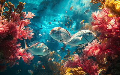 Underwater, fish and aquarium with tropical wildlife for ecosystem, marine and environment. Colourful and diverse coral reef with various plants for scuba dive exploration, travel and island holiday
