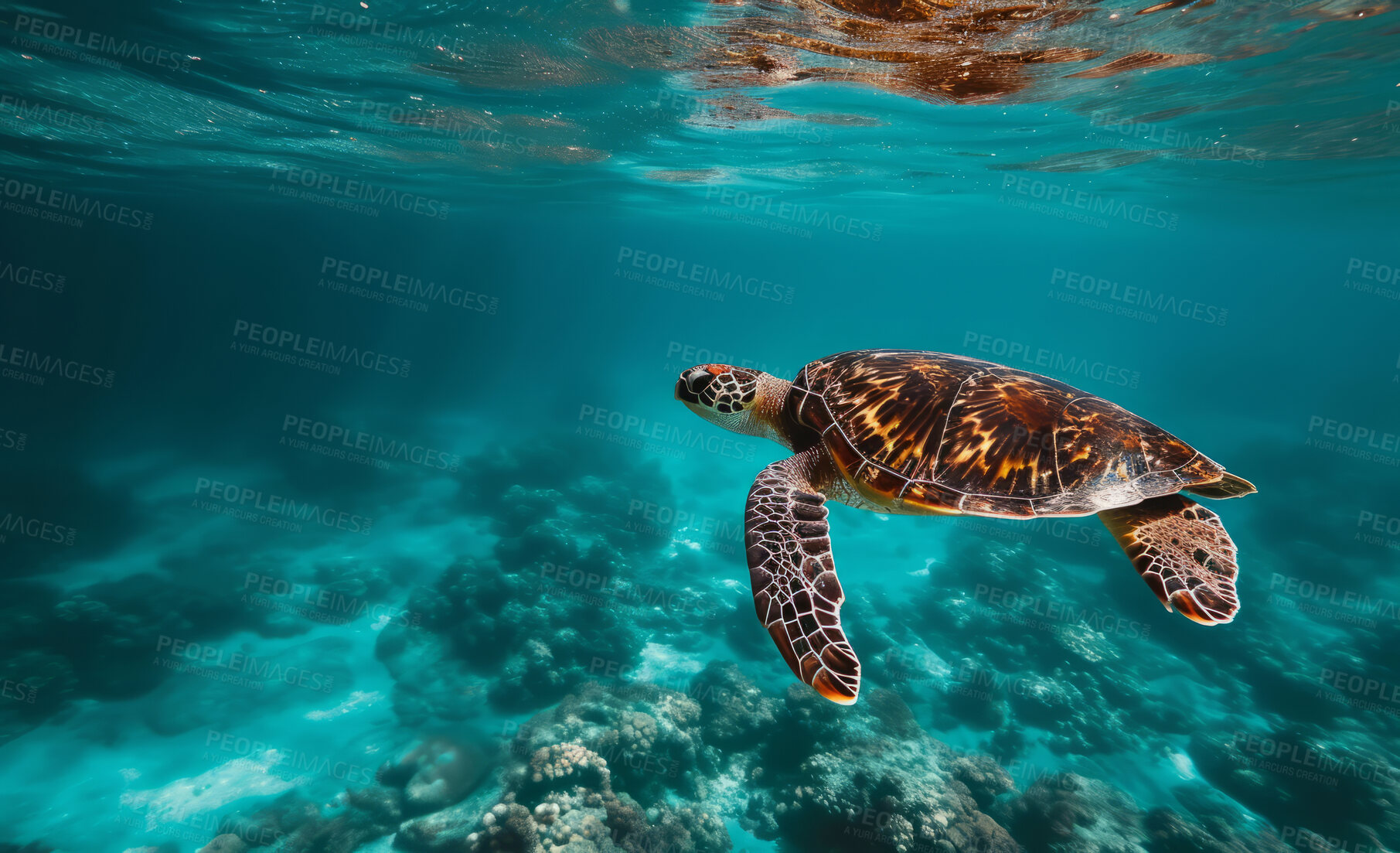 Buy stock photo Ocean, sea and turtle swimming underwater in clear water for tourism, holiday adventure and travel. Blue, peaceful and beautiful scene of wildlife in their habitat for environment and eco system