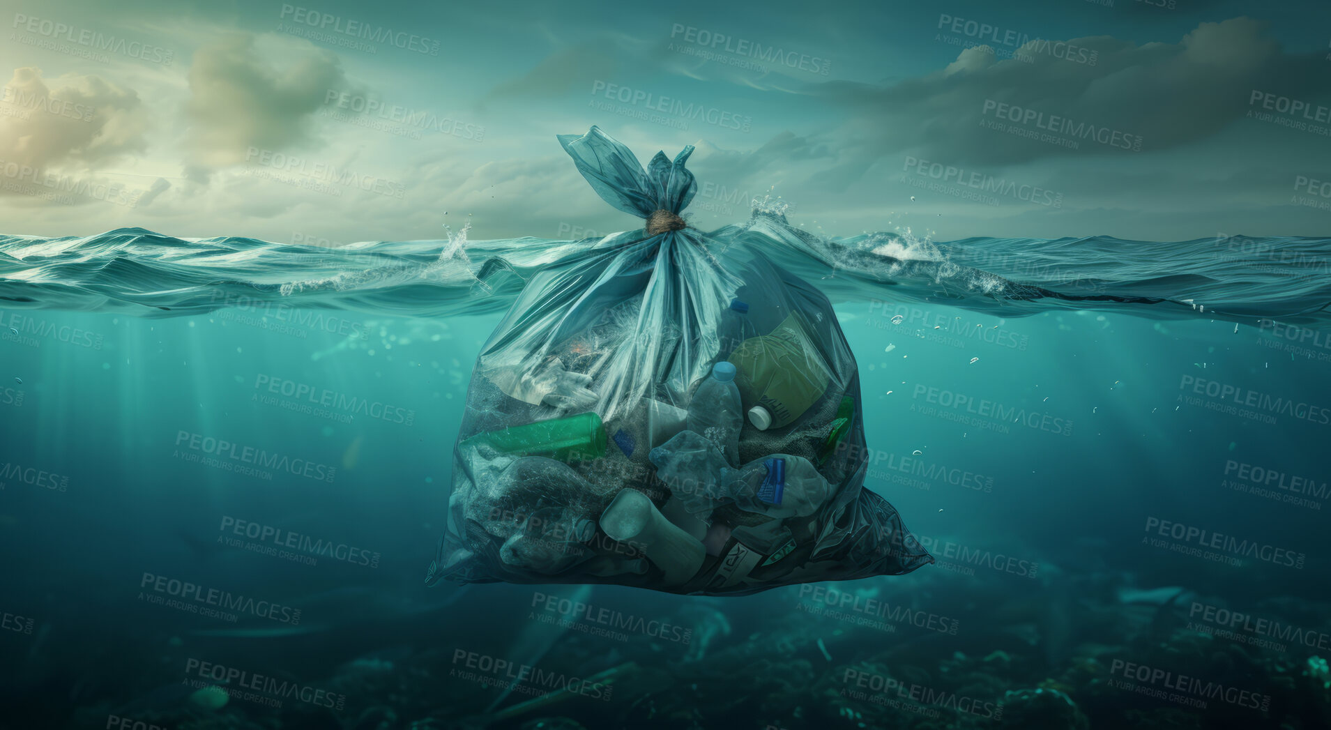 Buy stock photo Ocean, sea and garbage floating underwater in dirty water for awareness background and poster design. Blue, wildlife and nature scene with plastic for impact of pollution, environment and waste