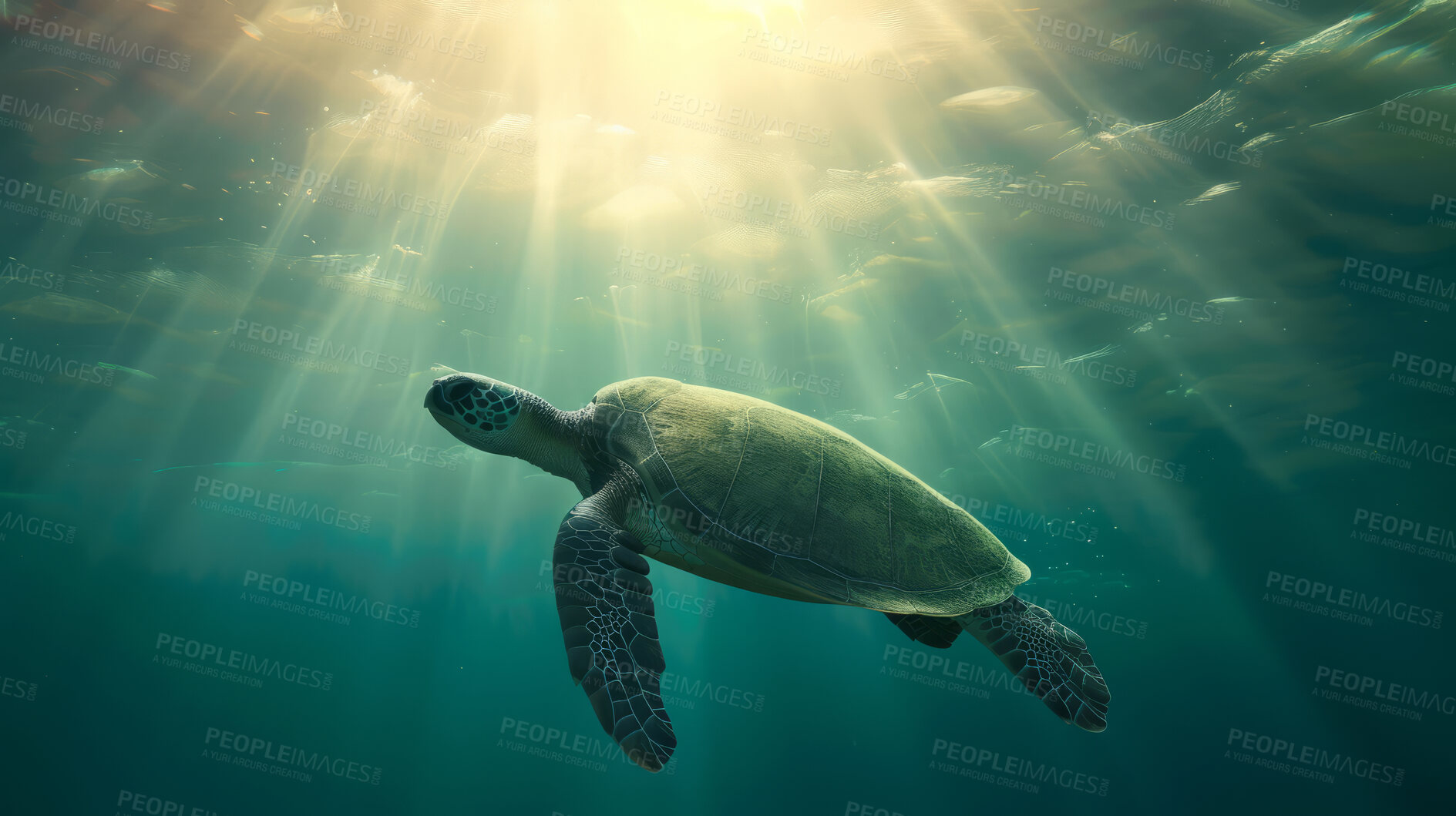 Buy stock photo Ocean, sea and turtle swimming underwater in clear water for tourism, holiday adventure and travel. Blue, peaceful and beautiful scene of wildlife in their habitat for environment and eco system