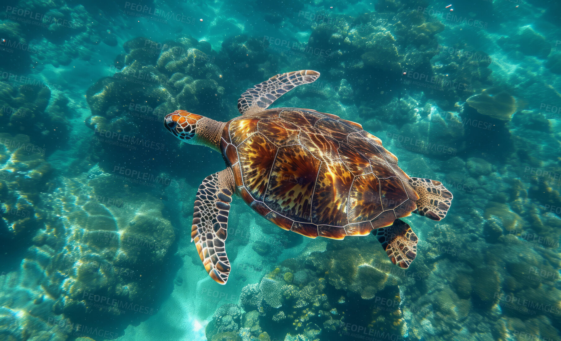 Buy stock photo Ocean, sea and turtle swimming underwater in clear water for tourism, holiday adventure and travel. Blue, peaceful and beautiful scene of wildlife in their habitat for environment and eco system