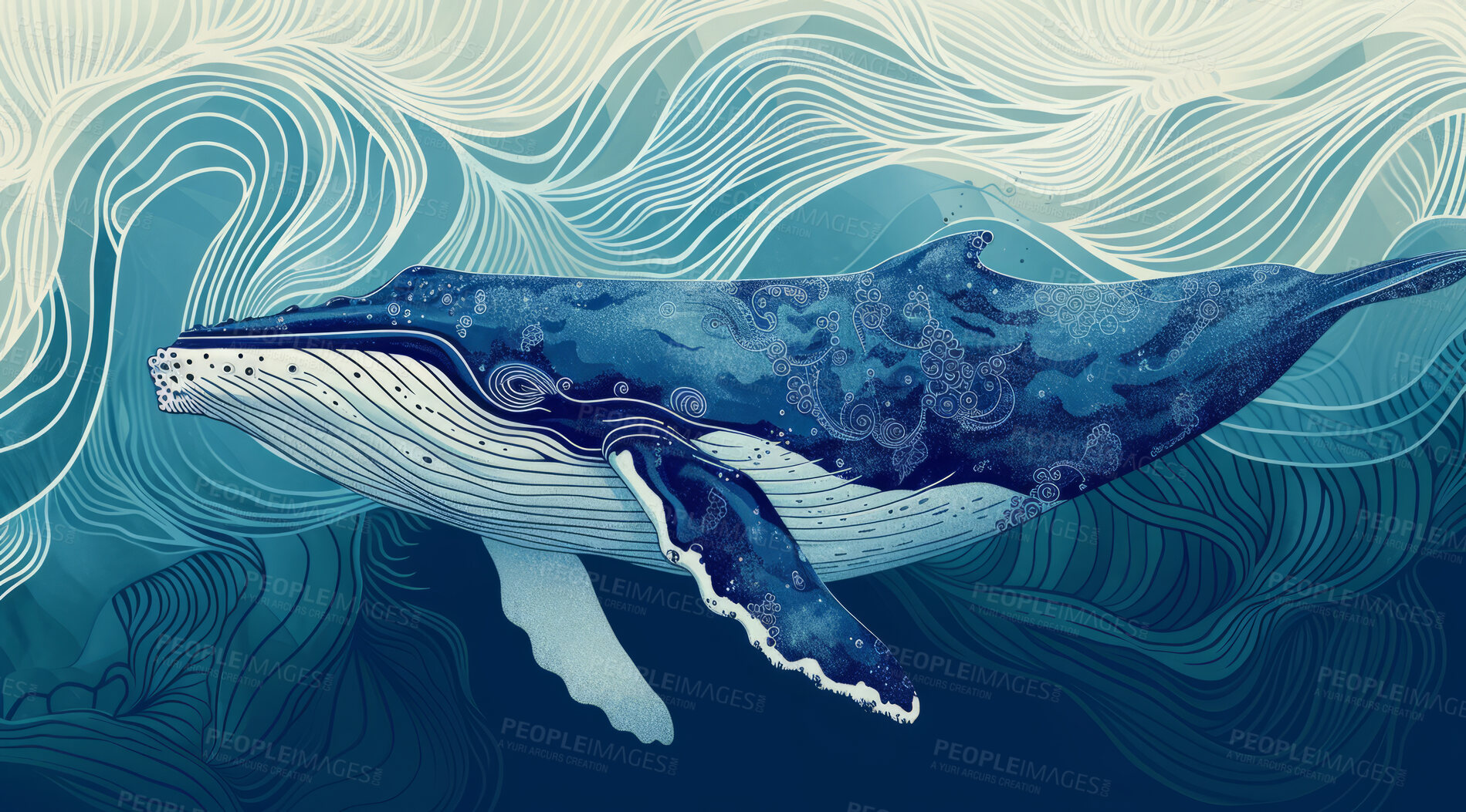 Buy stock photo Ocean, sea and whale swimming underwater artwork for creative illustration background and poster design. Blue, peaceful and beautiful scene of wildlife in their habitat for environment and eco system