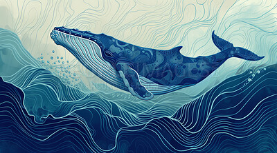 Ocean, sea and whale swimming underwater artwork for creative illustration background and poster design. Blue, peaceful and beautiful scene of wildlife in their habitat for environment and eco system