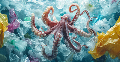 Ocean, sea and octopus swimming underwater in dirty water for awareness background and poster design. Blue, wildlife and nature scene with plastic for impact of pollution, environment and waste