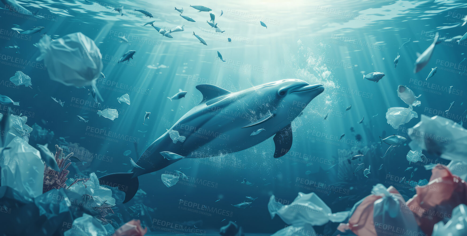 Buy stock photo Ocean, sea and dolphin swimming underwater in clear water for tourism, holiday, adventure and travel. Blue, wildlife and nature scene with plastic for impact of pollution, environment and waste