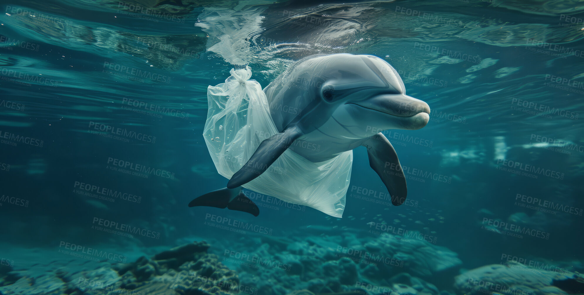 Buy stock photo Ocean, sea and dolphin swimming underwater in clear water for tourism, holiday, adventure and travel. Blue, wildlife and nature scene with plastic for impact of pollution, environment and waste