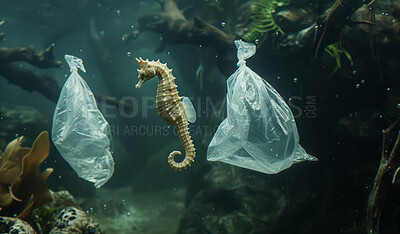 Ocean, sea and seahorse swimming underwater in clear water for tourism, holiday, adventure and travel. Blue, wildlife and nature scene with plastic for impact of pollution, environment and waste