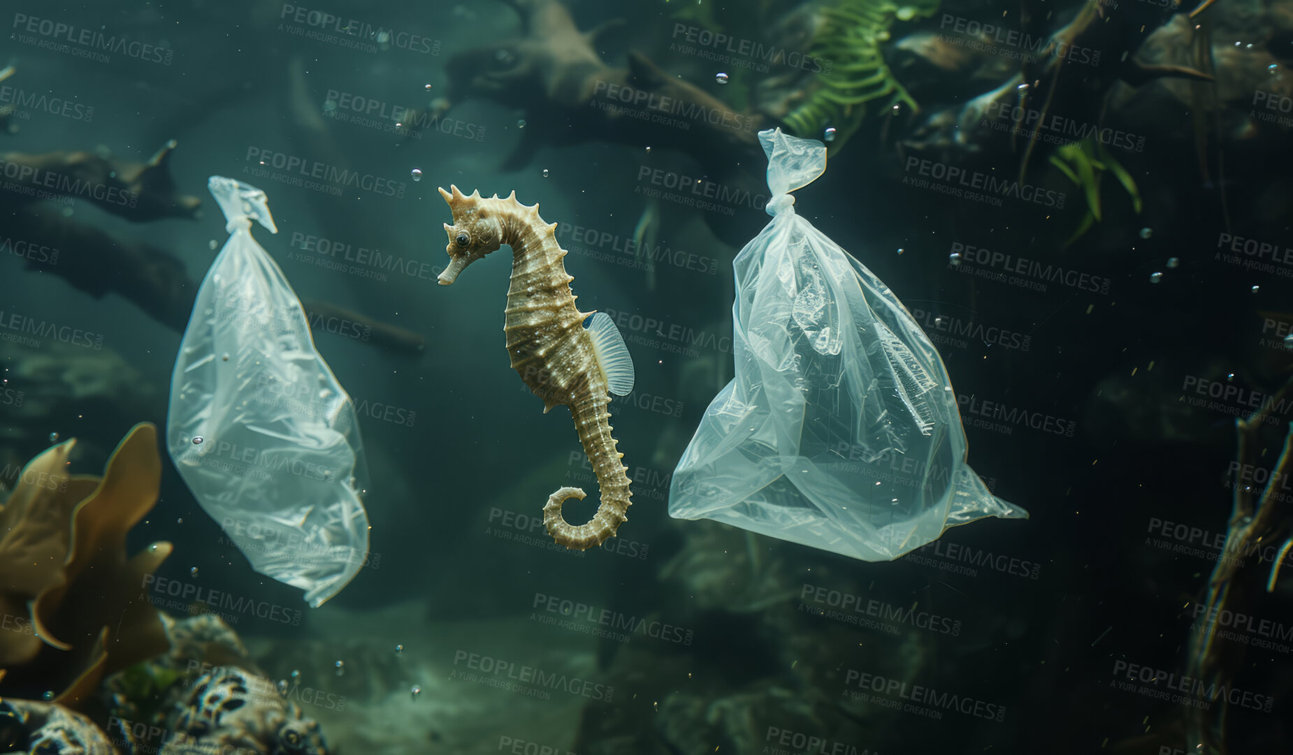 Buy stock photo Ocean, sea and seahorse swimming underwater in clear water for tourism, holiday, adventure and travel. Blue, wildlife and nature scene with plastic for impact of pollution, environment and waste