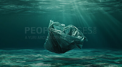 Ocean, sea and garbage floating underwater in dirty water for awareness background and poster design. Blue, wildlife and nature scene with plastic for impact of pollution, environment and waste