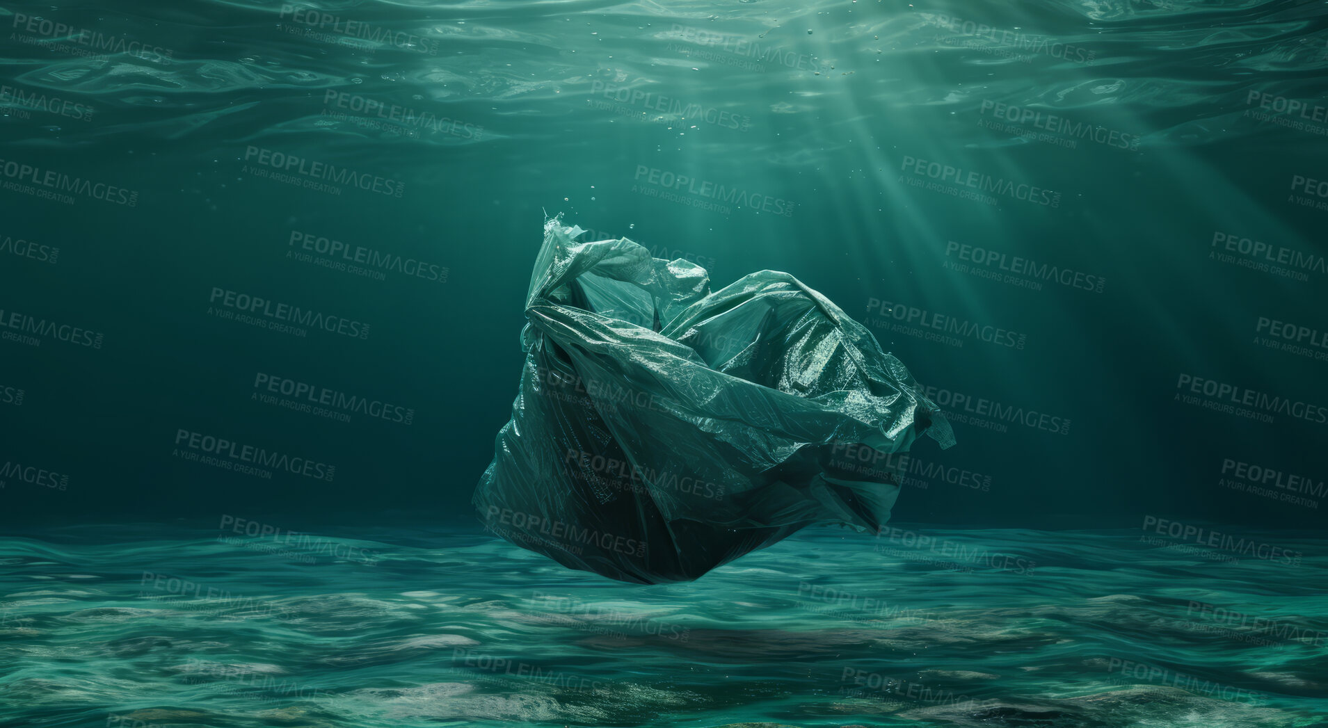 Buy stock photo Ocean, sea and garbage floating underwater in dirty water for awareness background and poster design. Blue, wildlife and nature scene with plastic for impact of pollution, environment and waste