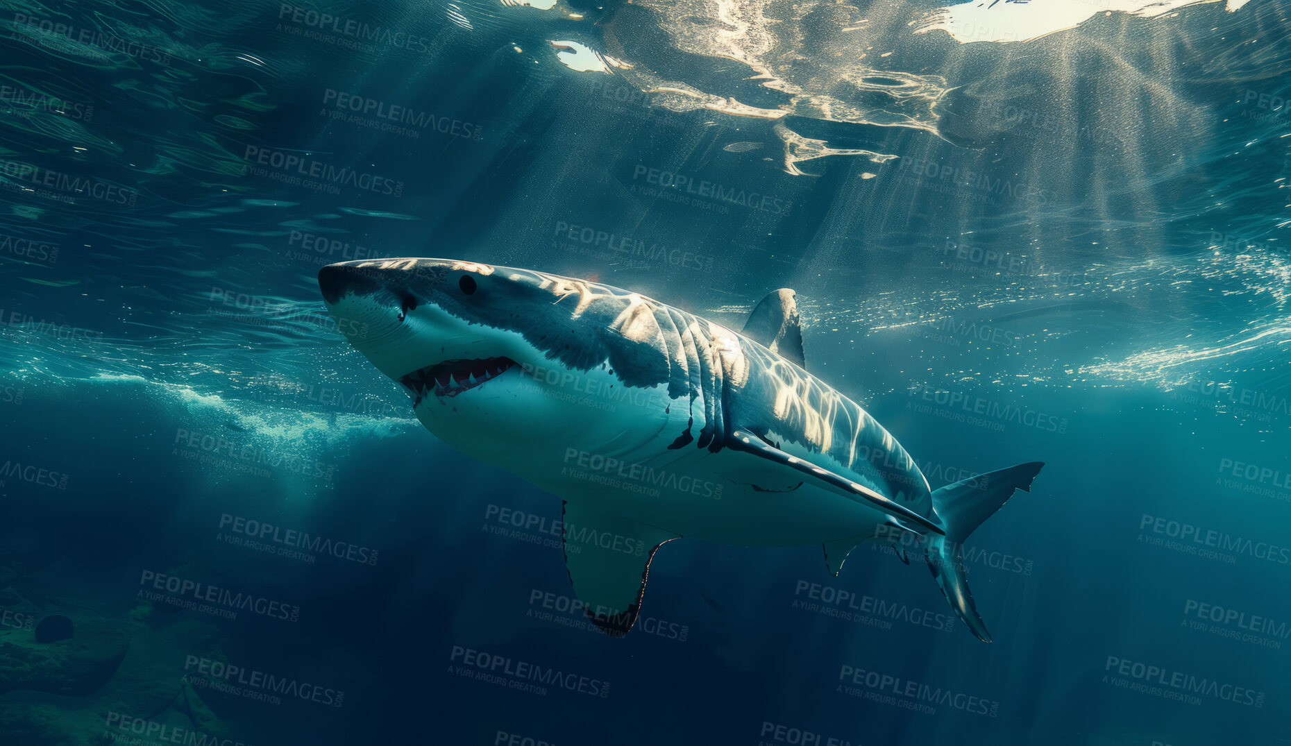 Buy stock photo Ocean, sea and shark swimming underwater in clear water for tourism, holiday adventure and travel. Blue, detailed and beautiful scene of wildlife in their habitat for environment and eco system