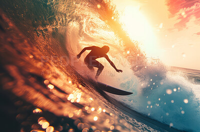 Summer sunset, ocean and surfer background for paradise, vacation and hobby. Beautiful, tropical and extreme sports wallpaper of a man with surfboard or backdrop for holiday, leisure and activity