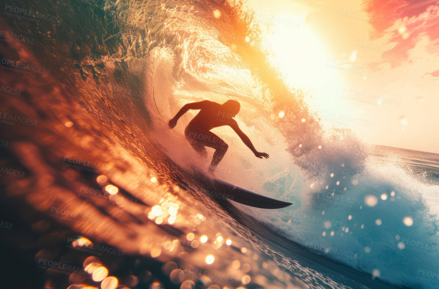 Buy stock photo Summer sunset, ocean and surfer background for paradise, vacation and hobby. Beautiful, tropical and extreme sports wallpaper of a man with surfboard or backdrop for holiday, leisure and activity