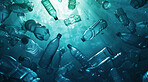 Ocean, sea and bottles floating underwater in dirty water for awareness background and poster design. Blue, wildlife and nature scene with plastic for impact of pollution, environment and waste