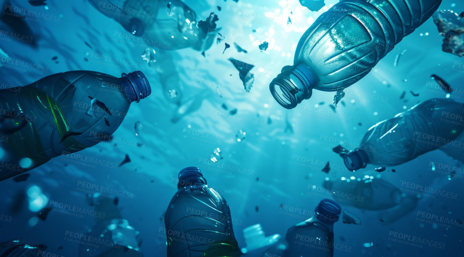 Buy stock photo Ocean, sea and bottles floating underwater in dirty water for awareness background and poster design. Blue, wildlife and nature scene with plastic for impact of pollution, environment and waste