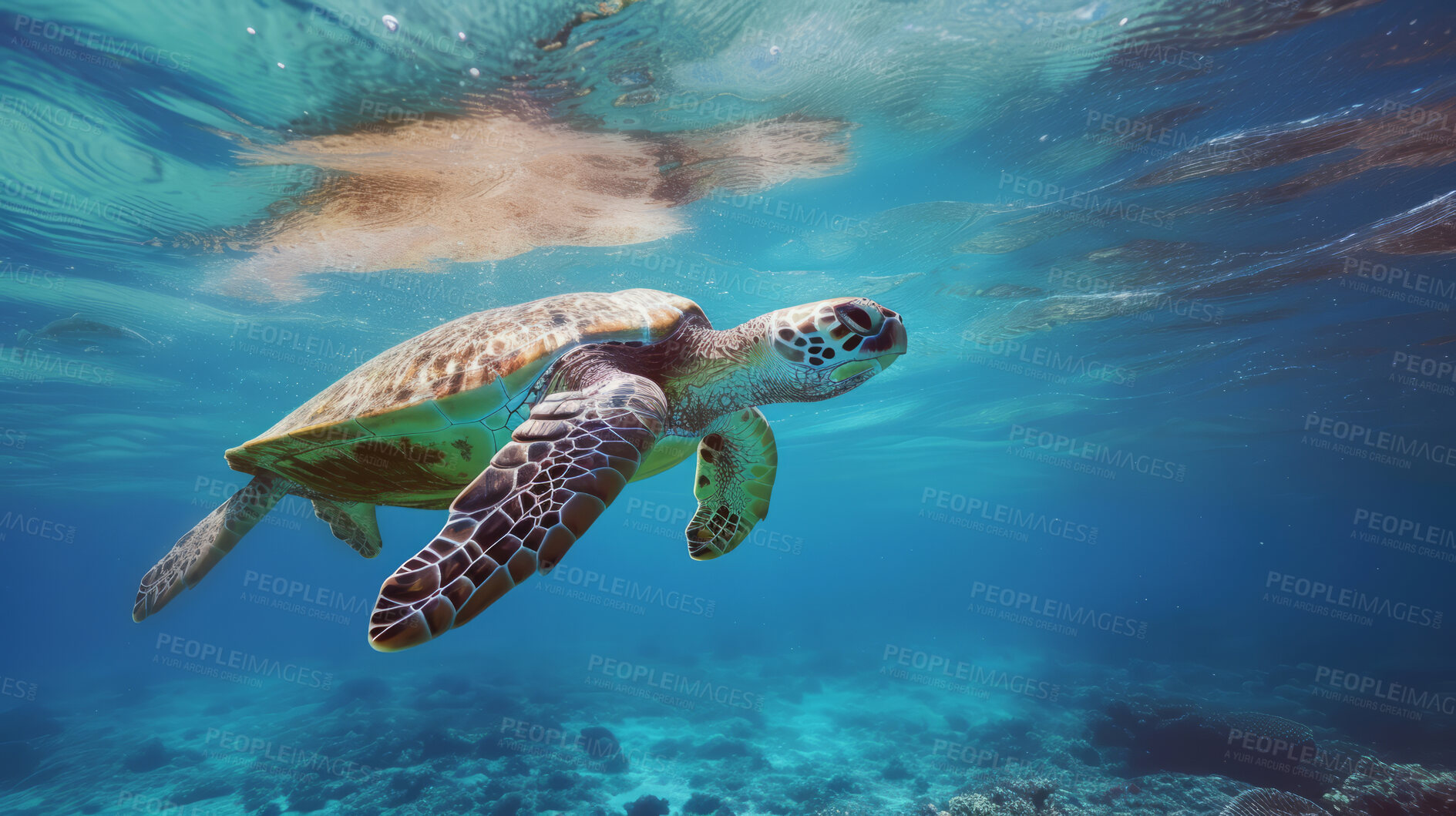 Buy stock photo Ocean, sea and turtle swimming underwater in clear water for tourism, holiday adventure and travel. Blue, peaceful and beautiful scene of wildlife in their habitat for environment and eco system