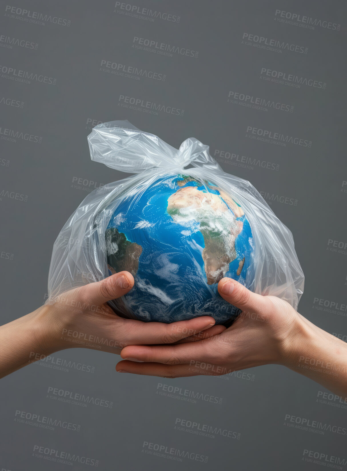 Buy stock photo Globe, earth and garbage bag mockup for environment, climate change and pollution concept. Hand holding the planet in plastic for eco system background, awareness poster and protection wallpaper