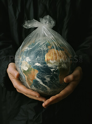 Globe, earth and garbage bag mockup for environment, climate change and pollution concept. Hand holding the planet in plastic for eco system background, awareness poster and protection wallpaper