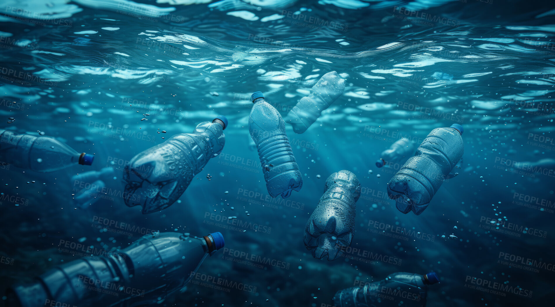 Buy stock photo Ocean, sea and bottles floating underwater in dirty water for awareness background and poster design. Blue, wildlife and nature scene with plastic for impact of pollution, environment and waste
