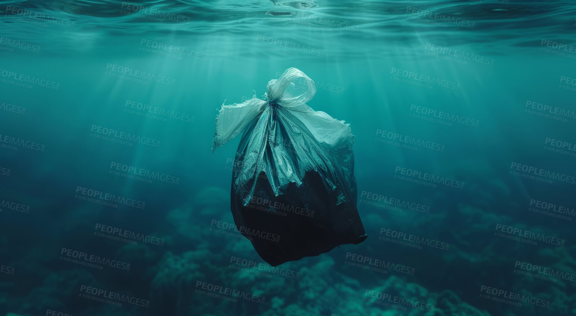 Buy stock photo Ocean, sea and garbage floating underwater in dirty water for awareness background and poster design. Blue, wildlife and nature scene with plastic for impact of pollution, environment and waste