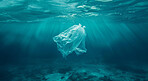 Ocean, sea and garbage floating underwater in dirty water for awareness background and poster design. Blue, wildlife and nature scene with plastic for impact of pollution, environment and waste