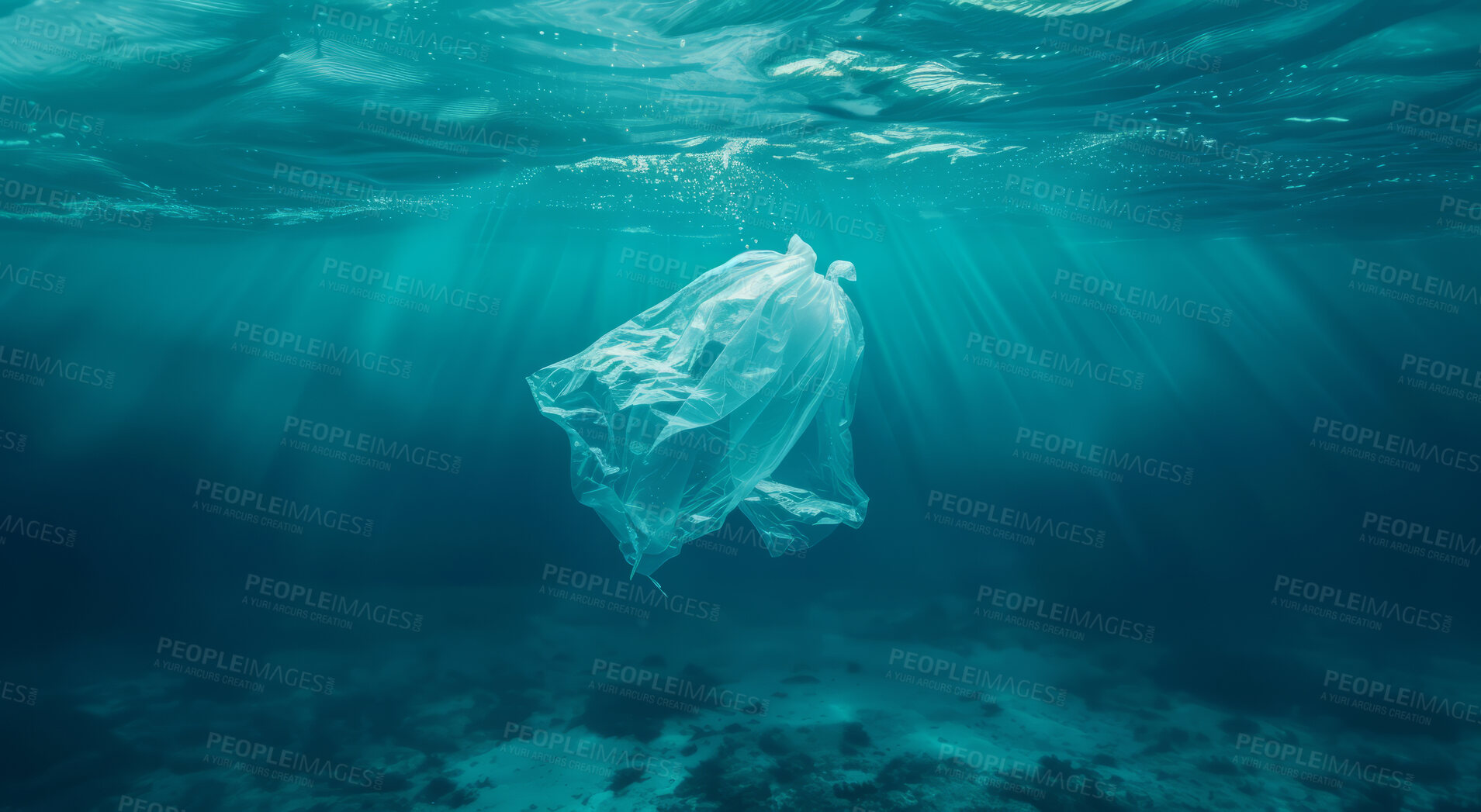 Buy stock photo Ocean, sea and garbage floating underwater in dirty water for awareness background and poster design. Blue, wildlife and nature scene with plastic for impact of pollution, environment and waste