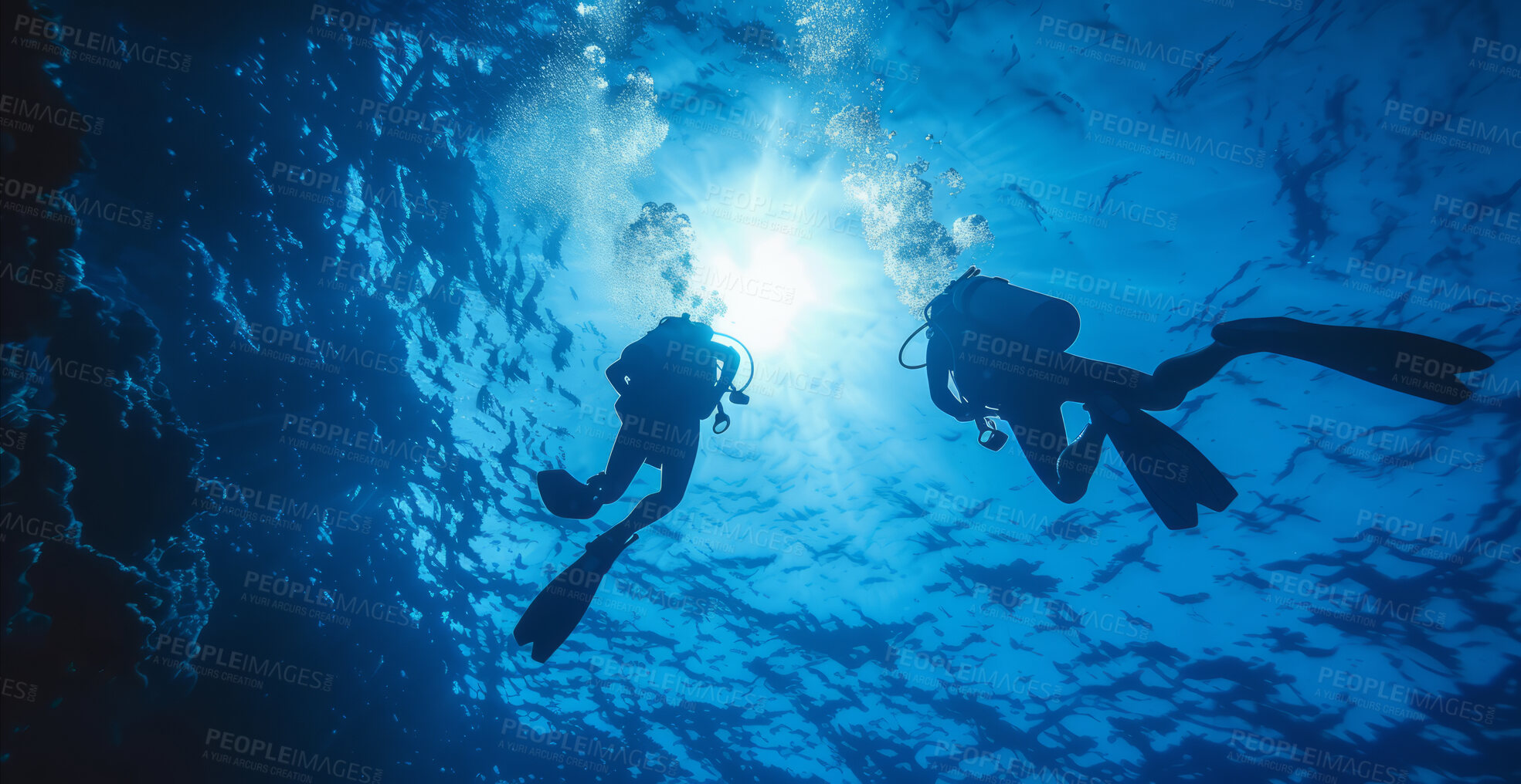 Buy stock photo Scuba diving, underwater or diver swimming and exploring for marine adventure, hobby or vacation activity. Beautiful, blue and clear calm ocean view for travel, exploration or environmental discovery