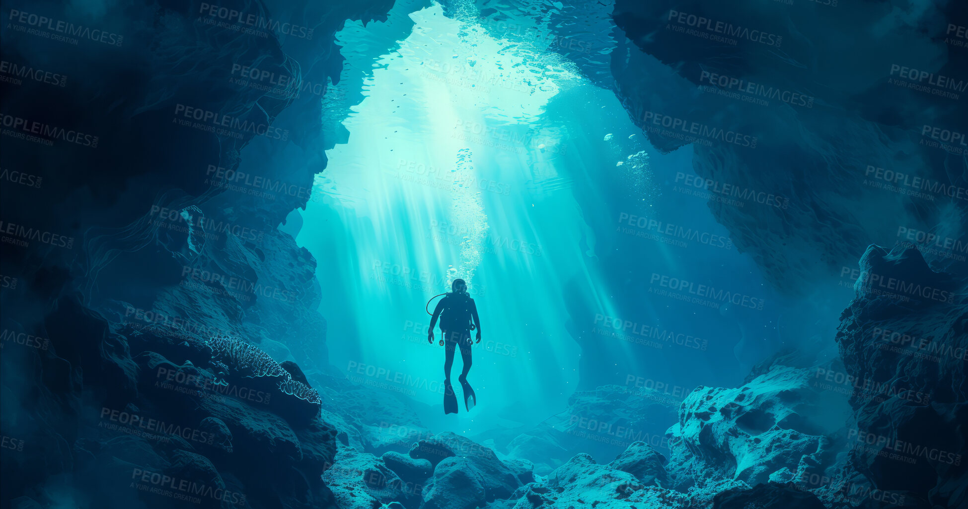 Buy stock photo Scuba diving, underwater or diver swimming and exploring for marine adventure, hobby or vacation activity. Beautiful, blue and clear calm ocean view for travel, exploration or environmental discovery