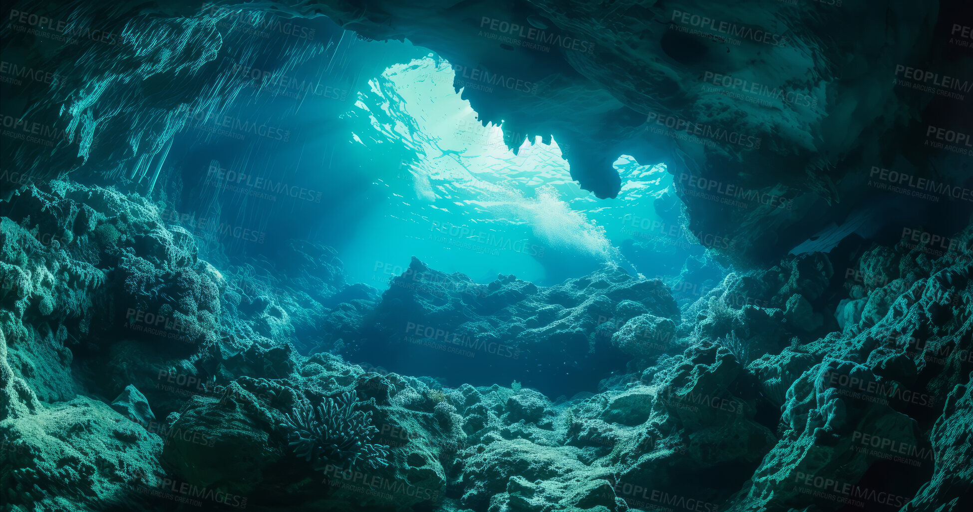 Buy stock photo Underwater, ocean and aquarium life with rock cave for ecosystem, marine and environment. Vibrant blue, calm sea and sunbeam for scuba dive exploration, travel location and island holiday activity