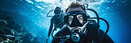 Scuba diving, underwater or diver swimming and exploring for marine adventure, hobby or vacation activity. Beautiful, blue and clear calm ocean view for travel, exploration or environmental discovery