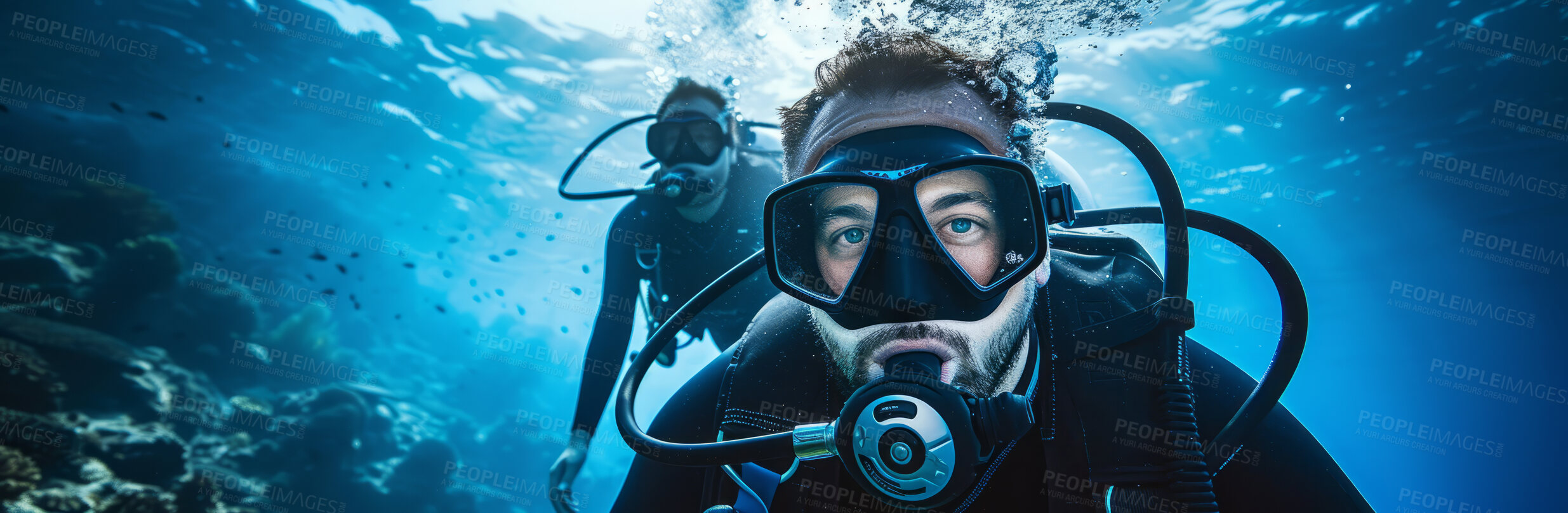 Buy stock photo Scuba diving, underwater or diver swimming and exploring for marine adventure, hobby or vacation activity. Beautiful, blue and clear calm ocean view for travel, exploration or environmental discovery