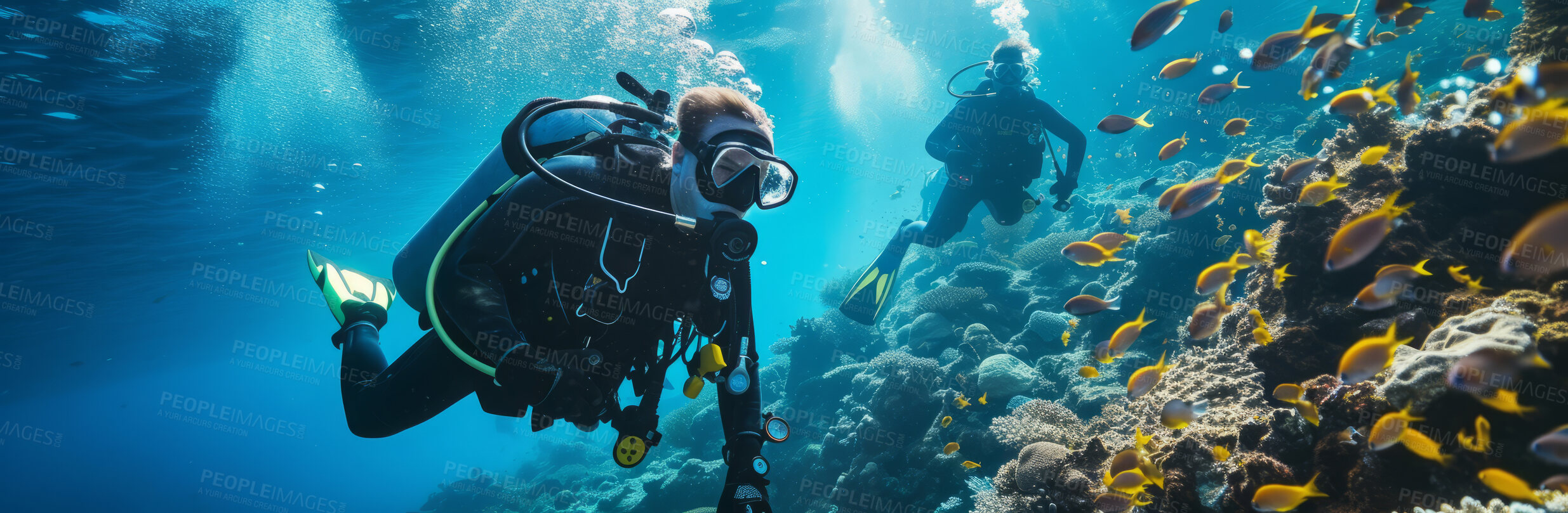 Buy stock photo Scuba diving, underwater or diver swimming and exploring for marine adventure, hobby or vacation activity. Beautiful, blue and clear calm ocean view for travel, exploration or environmental discovery