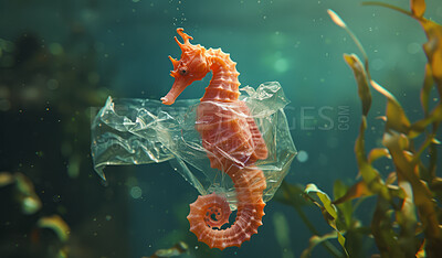 Ocean, sea and seahorse swimming underwater in clear water for tourism, holiday, adventure and travel. Blue, wildlife and nature scene with plastic for impact of pollution, environment and waste