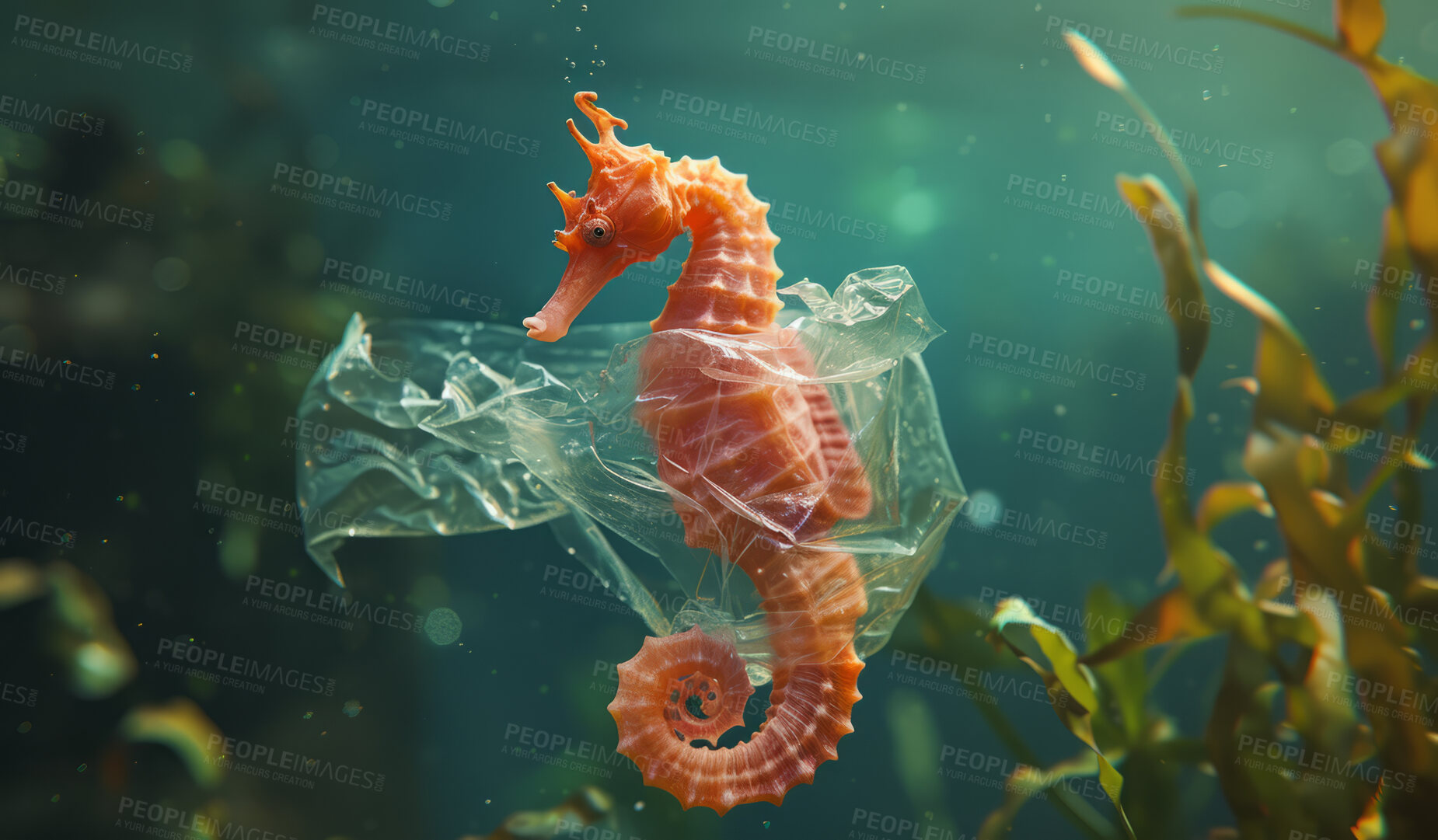 Buy stock photo Ocean, sea and seahorse swimming underwater in clear water for tourism, holiday, adventure and travel. Blue, wildlife and nature scene with plastic for impact of pollution, environment and waste