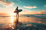 Summer sunset, ocean and surfer background for paradise, vacation and hobby. Beautiful, tropical and extreme sports wallpaper of a man with surfboard or backdrop for holiday, leisure and activity