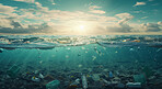 Ocean, sea and garbage floating underwater in dirty water for awareness background and poster design. Blue, wildlife and nature scene with plastic for impact of pollution, environment and waste