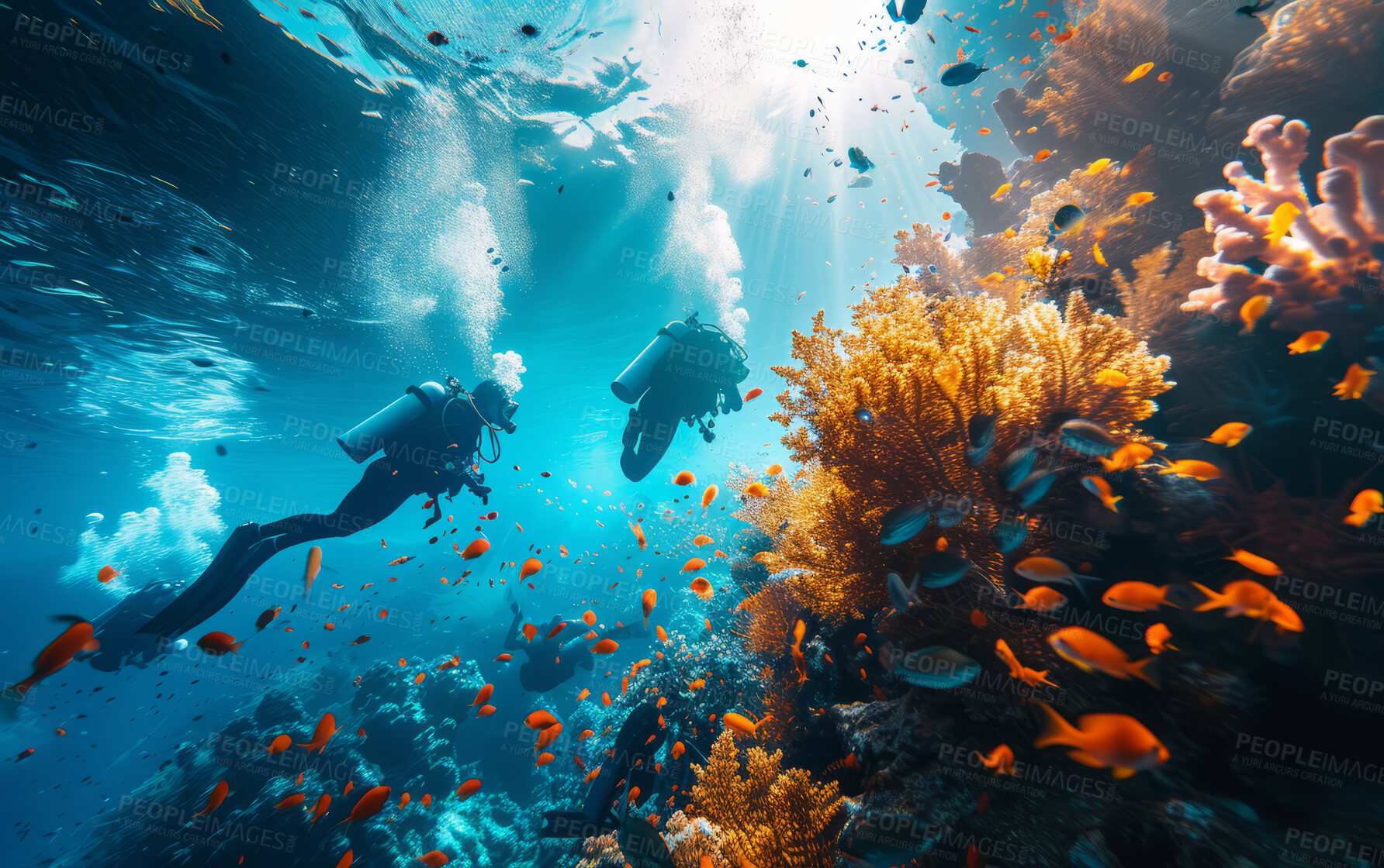 Buy stock photo Scuba diving, underwater or diver swimming and exploring for marine adventure, hobby or vacation activity. Beautiful, blue and clear calm ocean view for travel, exploration or environmental discovery