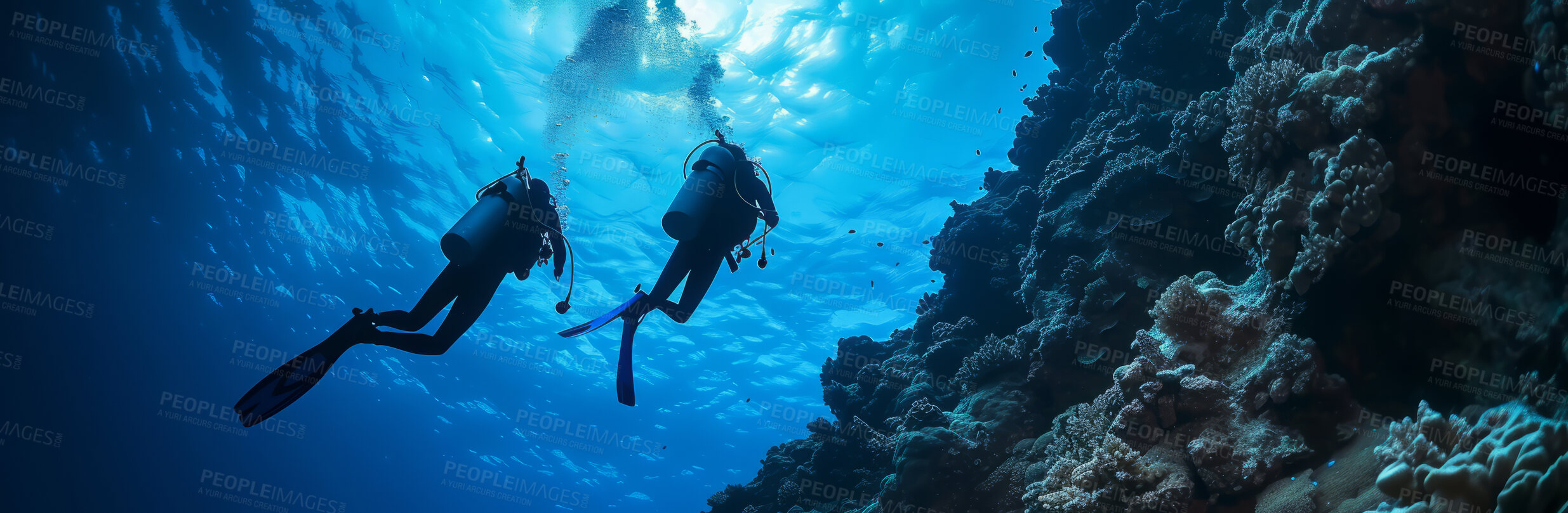 Buy stock photo Scuba diving, underwater or diver swimming and exploring for marine adventure, hobby or vacation activity. Beautiful, blue and clear calm ocean view for travel, exploration or environmental discovery