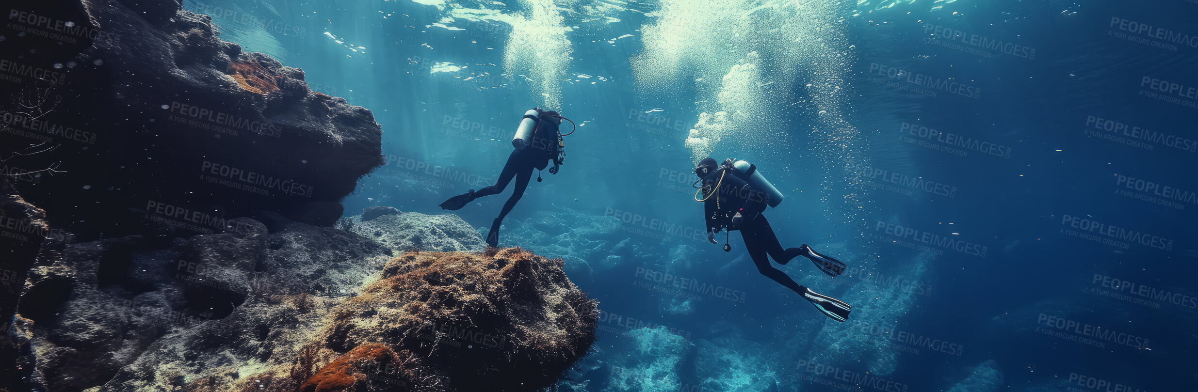 Buy stock photo Scuba diving, underwater or diver swimming and exploring for marine adventure, hobby or vacation activity. Beautiful, blue and clear calm ocean view for travel, exploration or environmental discovery