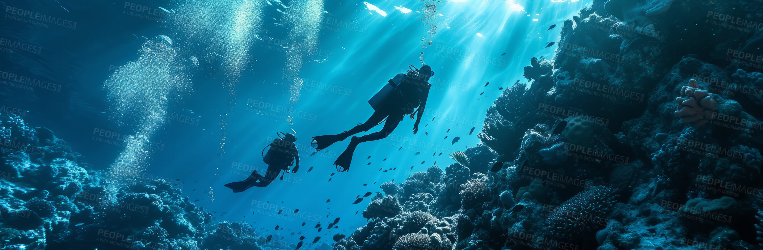 Buy stock photo Scuba diving, underwater or diver swimming and exploring for marine adventure, hobby or vacation activity. Beautiful, blue and clear calm ocean view for travel, exploration or environmental discovery