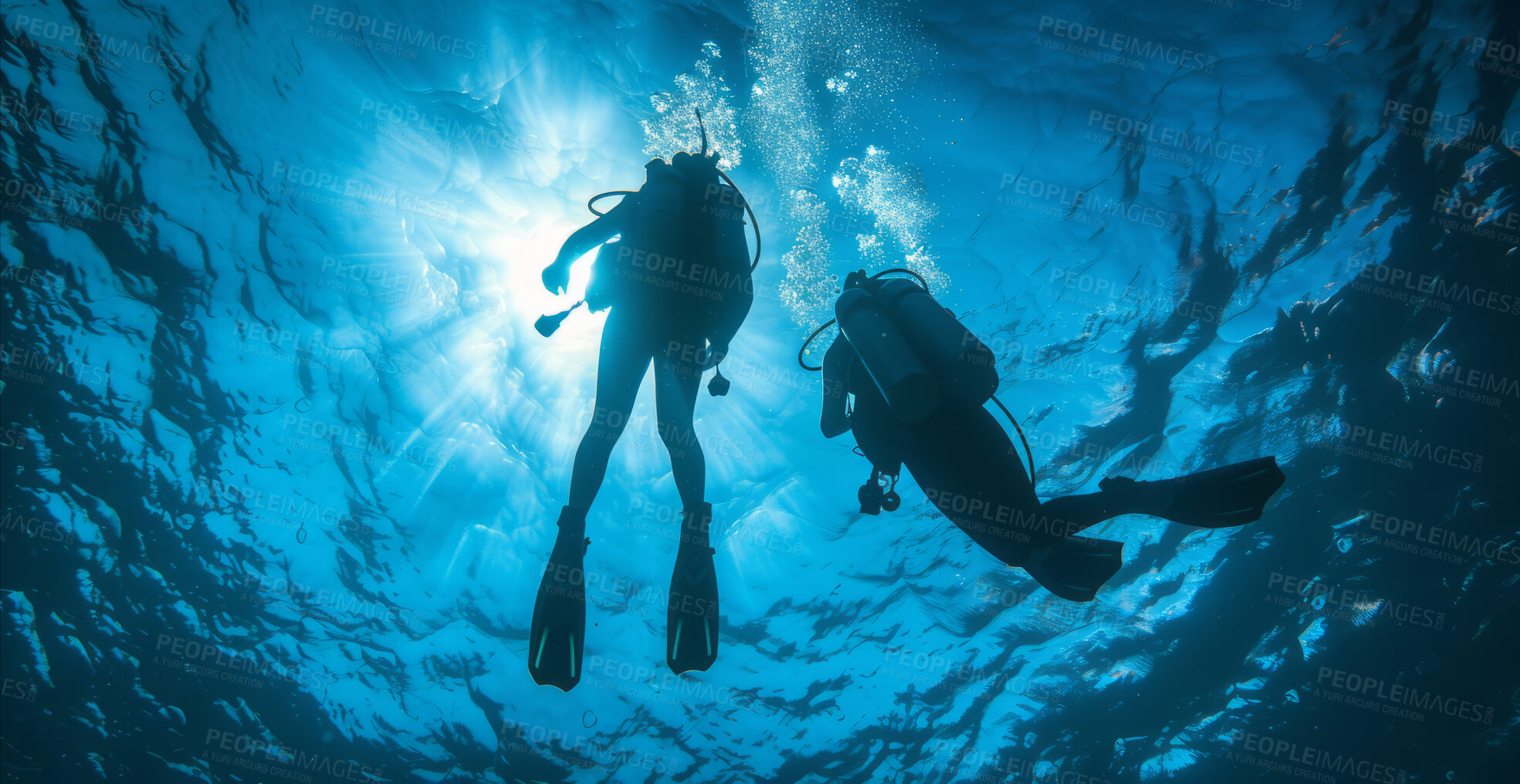 Buy stock photo Scuba diving, underwater or diver swimming and exploring for marine adventure, hobby or vacation activity. Beautiful, blue and clear calm ocean view for travel, exploration or environmental discovery