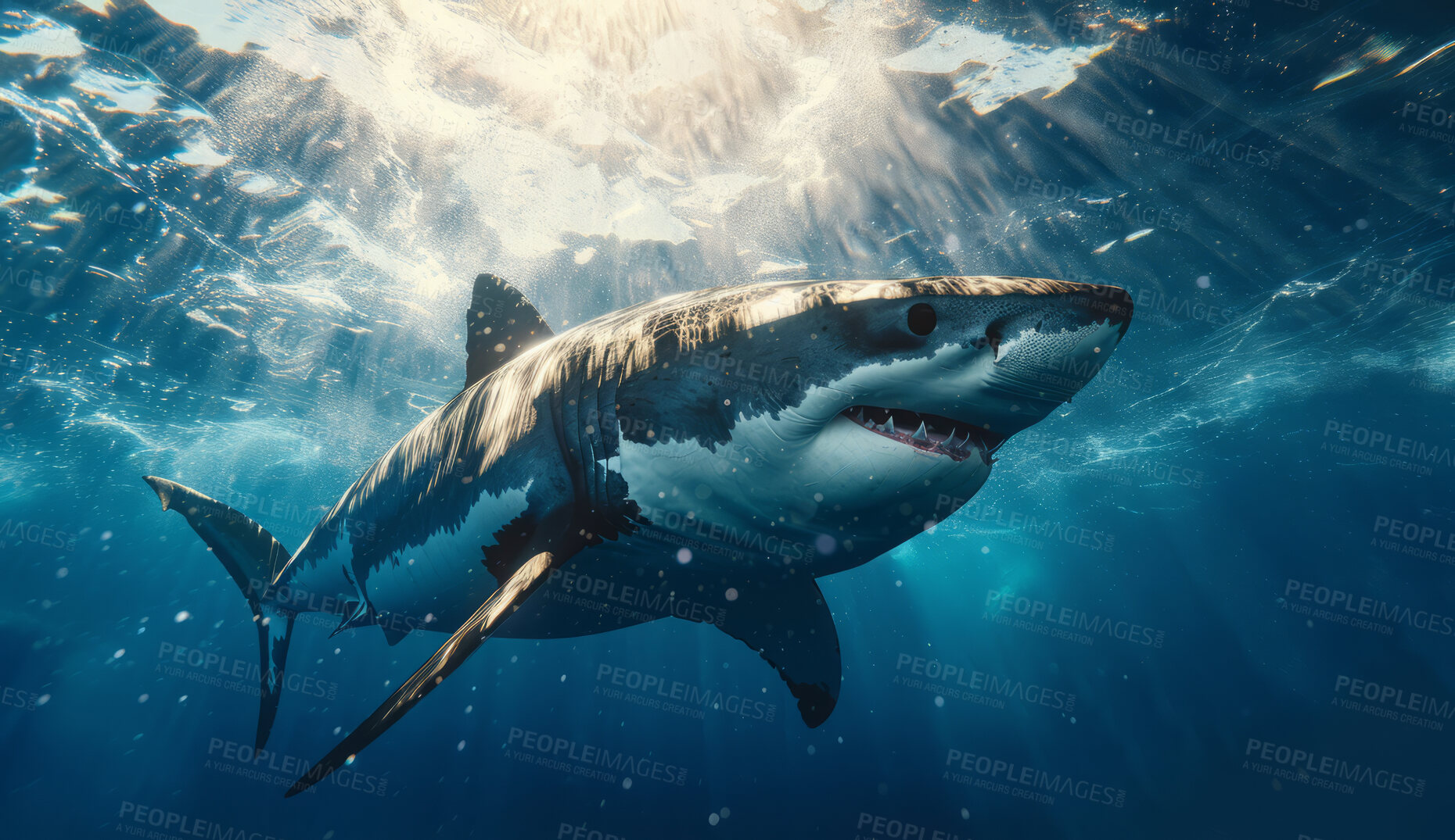 Buy stock photo Ocean, sea and shark swimming underwater in clear water for tourism, holiday adventure and travel. Blue, detailed and beautiful scene of wildlife in their habitat for environment and eco system