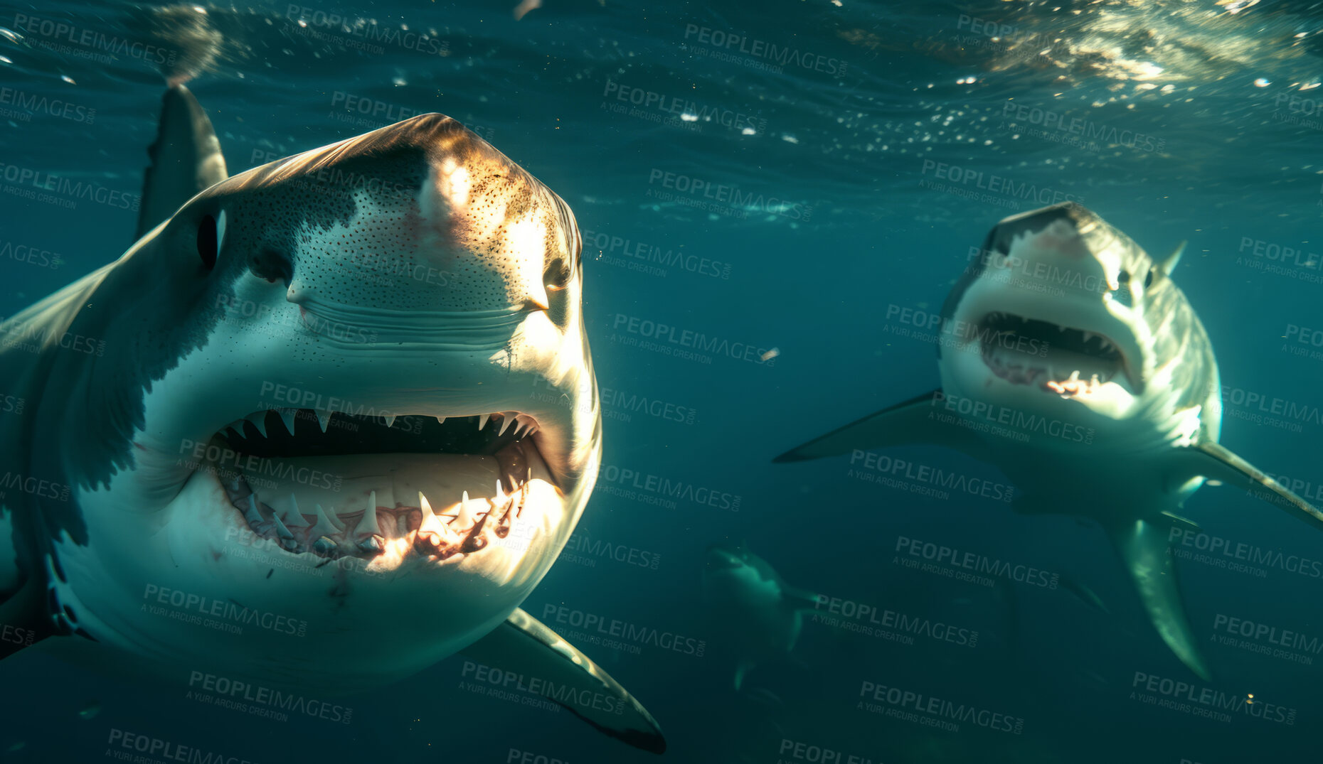 Buy stock photo Ocean, sea and shark swimming underwater in clear water for tourism, holiday adventure and travel. Blue, detailed and beautiful scene of wildlife in their habitat for environment and eco system