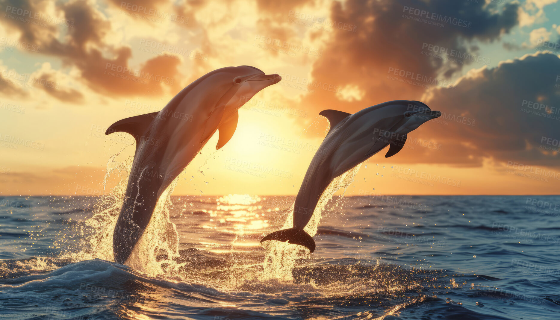 Buy stock photo Summer sunset, ocean and dolphin leaping out of the water for paradise, vacation or wildlife scene. Beautiful, tropical and seascape wallpaper or backdrop for environment, marine life and eco system