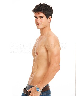 Buy stock photo Strong man, shirtless and portrait with athletic body, proud and six pack on white background in studio. Handsome model, stomach and topless with confidence on mock up, muscle and healthy aesthetic 