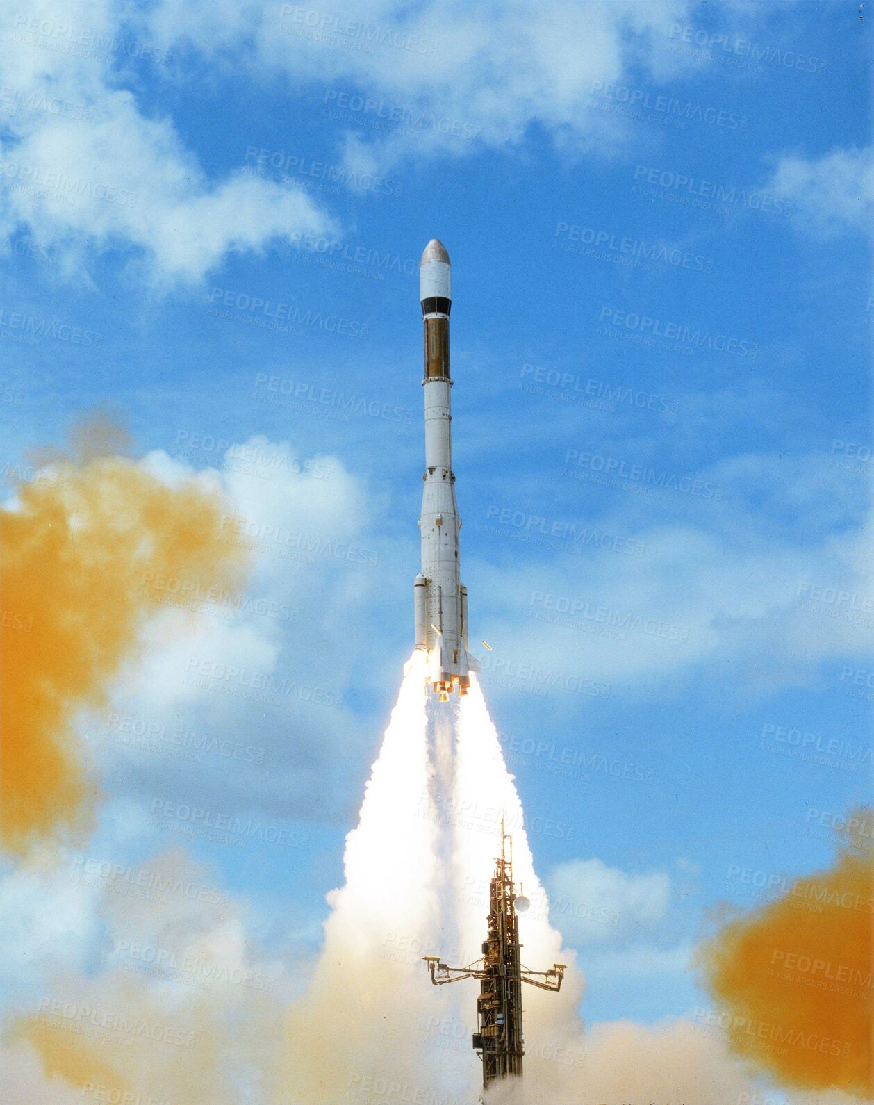 Buy stock photo Rocket launch into sky, dust cloud and travel on space mission for research, exploration and discovery in cosmos. Science, aerospace innovation or technology, spaceship in flight with flame and fuel.