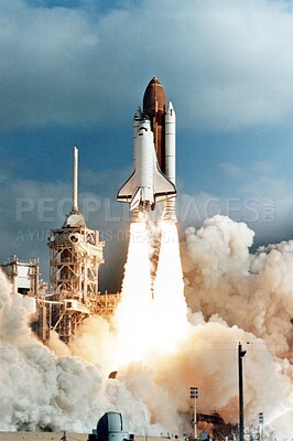 Buy stock photo Spaceship launch, dust cloud and travel on space mission in research, exploration or discovery in cosmos. Science, aerospace innovation or technology for rocket in flight with flame, power and energy