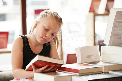 Buy stock photo Girl kid, reading book and education, story for knowledge or entertainment with customer in bookshop. Library, store and learning for development and growth, fiction or literature with young child